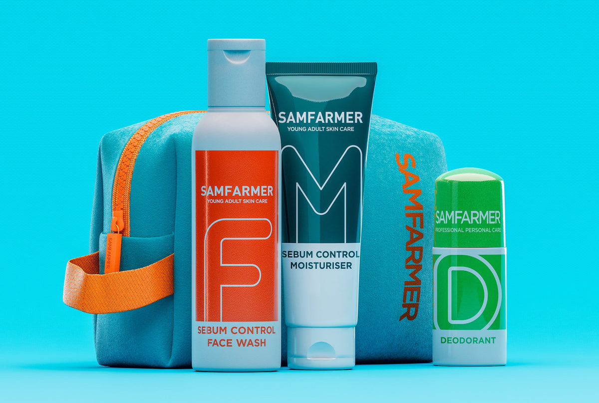 Set of Sam Farmer skincare products on a blue background. The product is the Fresh Start Kit.