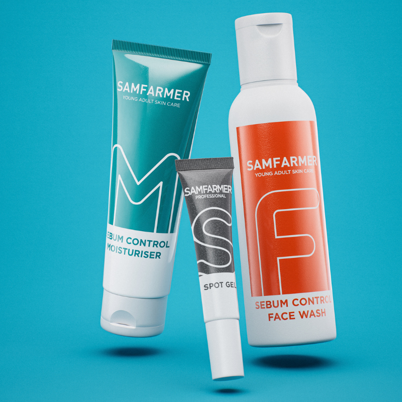 Three SamFarmer skincare products on a blue background. The Skin Rescue Kit.