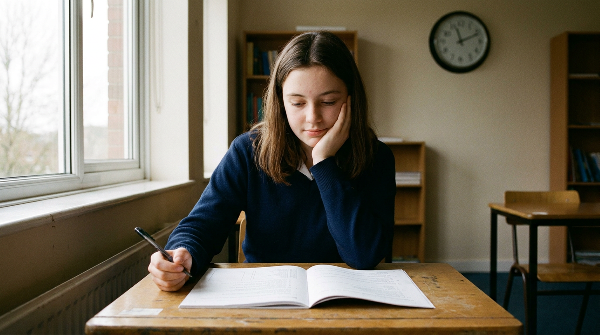 Young girl sitting at a desk in a classroom, writing in a notebook.